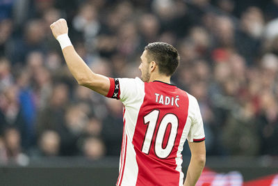 AMSTERDAM, 22-12-2019 JohanCruyff Arena , Dutch Eredivisie Football season 2019 / 2020 .  Ajax player Dusan Tadic  celebrating the 5-0 during the match Ajax - ADO Den Haag