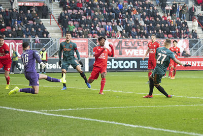 ENSCHEDE, 01-12-2019 , Grols Veste , Dutch Eredivisie Football season 2019 / 2020 .  Ajax player Noa Lang scores the 2-2 during the match FC Twente - Ajax