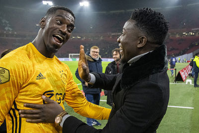 AMSTERDAM, 22-01-2020 JohanCruyff Arena , KNVB Beker,  Football season 2019 / 2020 . Ajax keeper Bruno Varela  and Ajax keeper Andre Onana  during the match Ajax - Spakenburg