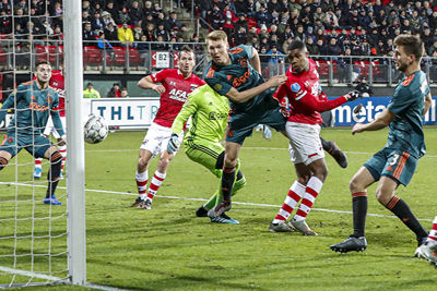 ALKMAAR , 15-12-2019 , AFAS Stadion , Dutch football , Eredivisie , season 2019 / 2020. AZ player Myron Boadu scores the 1-0 during the match AZ vs Ajax