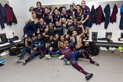 AMSTERDAM - 06-12-2019, Johan Cruijff Arena Dutch football, Eredivisie season 2019-2020. 

Willem II players celebrating the win during the match Ajax - Willem II. Final score 0-2.