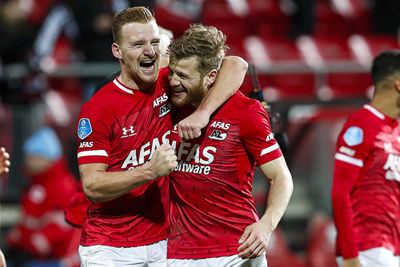 ALKMAAR , 15-12-2019 , AFAS Stadion , Dutch football , Eredivisie , season 2019 / 2020. (L-R) AZ player Dani de Wit celebrates the win with AZ player Fredrik Midtsjo after the match AZ vs Ajax