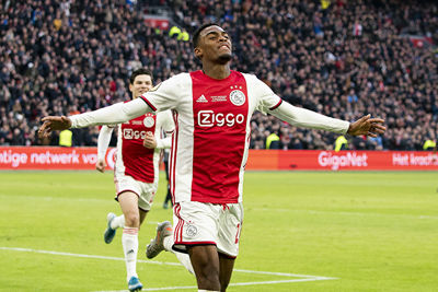 AMSTERDAM, 19-01-2020 JohanCruyff Arena , Dutch Eredivisie Football season 2019 / 2020 .  Ajax player Ryan Gravenberch  celebrating the 2-0 during the match Ajax - Sparta Rotterdam