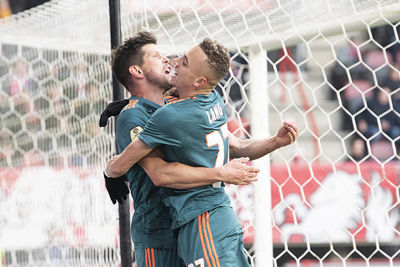 ENSCHEDE, 01-12-2019 , Grols Veste , Dutch Eredivisie Football season 2019 / 2020 . Ajax player Klaas Jan Huntelaar and Ajax player Noa Lang celebrating the 2-3 during the match FC Twente - Ajax