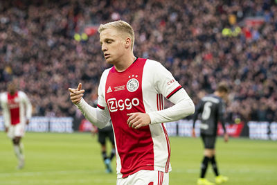 AMSTERDAM, 19-01-2020 JohanCruyff Arena , Dutch Eredivisie Football season 2019 / 2020 .  Ajax player Donny van de Beek  is celebrating the 1-0 during the match Ajax - Sparta Rotterdam