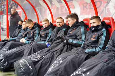 ENSCHEDE, 01-12-2019 , Stadium Grolsch Veste, season 2019 / 2020 . Dutch Eredivisie Football. Ajax goalkeeper Kjel Scherpen Ajax player Perr Schuurs Ajax player Siem de Jong Ajax player Klaas Jan Huntelaar Ajax player Razvan Marin during the game FC Twente - Ajax.