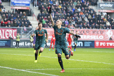 ENSCHEDE, 01-12-2019 , Grols Veste , Dutch Eredivisie Football season 2019 / 2020 . Ajax player Noa Lang celebrating the 4-2 during the match FC Twente - Ajax