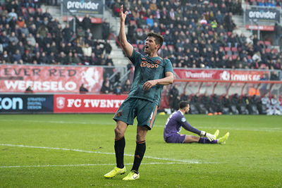 ENSCHEDE, 01-12-2019 , Grols Veste , Dutch Eredivisie Football season 2019 / 2020 . Ajax player Klaas Jan Huntelaar celebrating  the 2-5 during the match FC Twente - Ajax